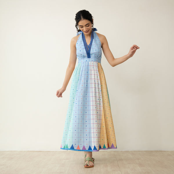 Rainbow Sundae Halter Tie Cotton Lace Dress - Multicolour