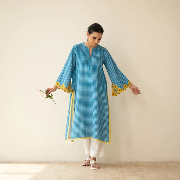 Sunflower Embroidered Linen Cotton Kurta - Dusty Blue