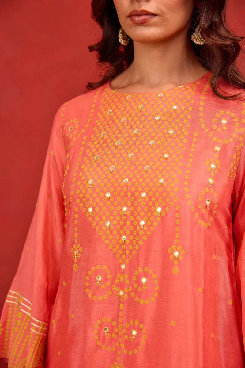 Coral Bandhani Print Embroidered Art Silk Co-ord Set